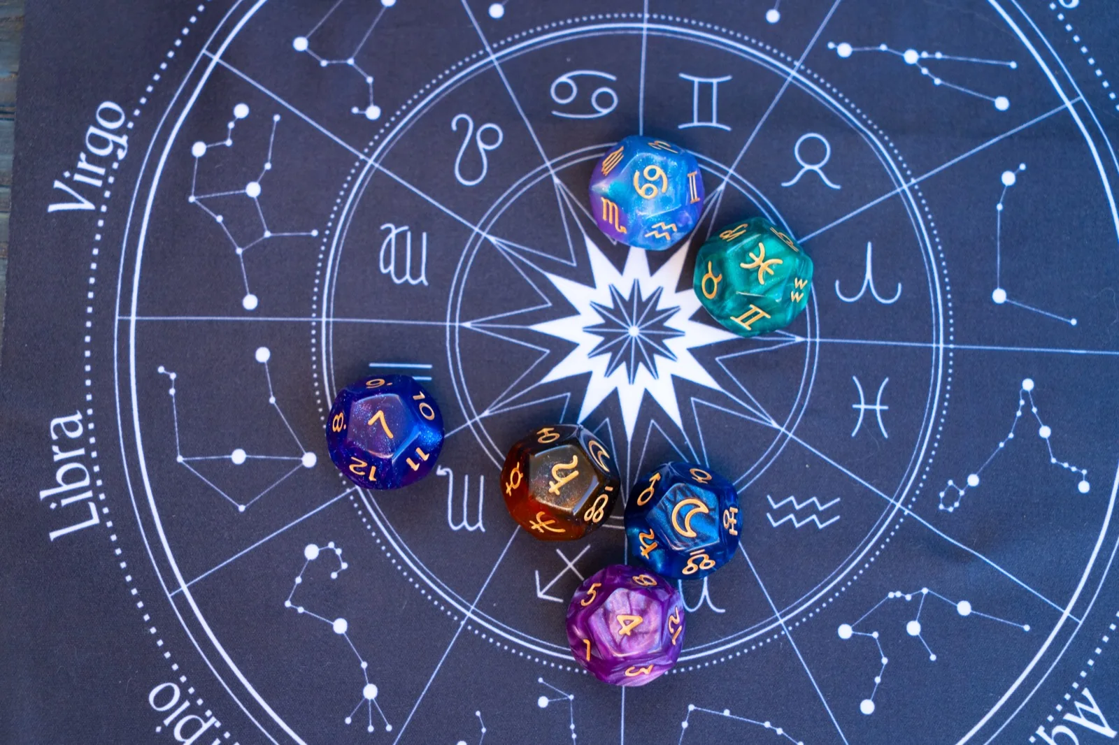 Dice and zodiac symbols — decorative background image